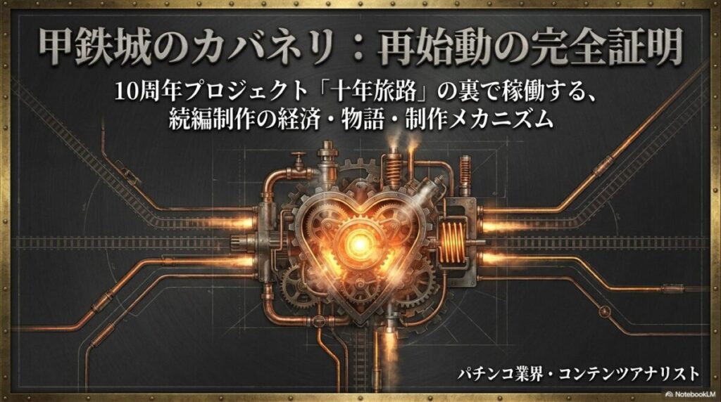 2026年2月に始動した「甲鉄城の十年旅路」が、単なる回顧ではなく、新作に向けたファンの熱量と動員力を計測するための「巨大なテスト稼働」であることを示すスライド。