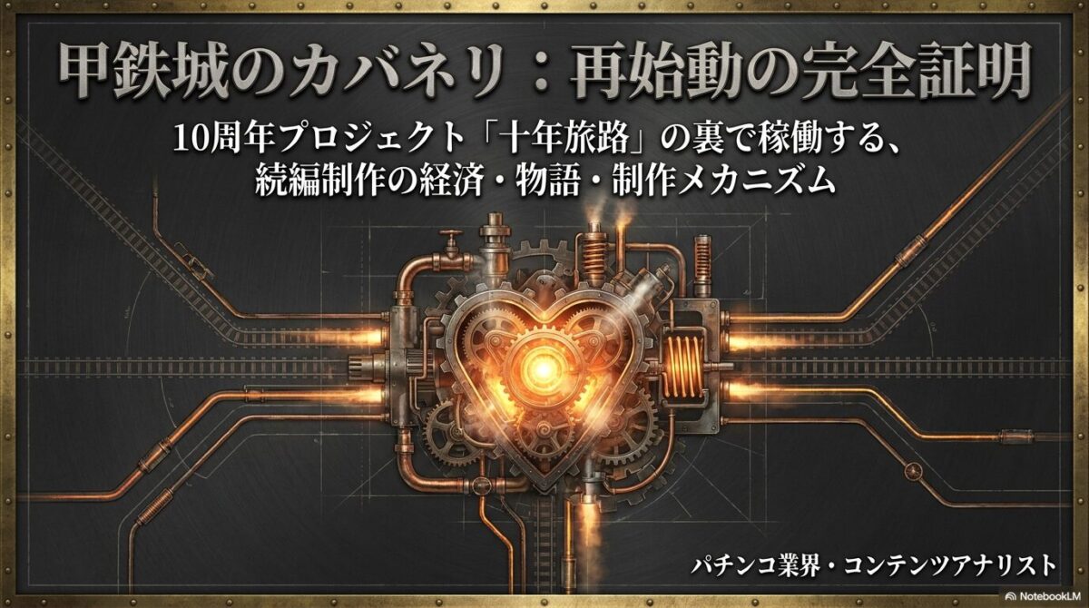 2026年2月に始動した「甲鉄城の十年旅路」が、単なる回顧ではなく、新作に向けたファンの熱量と動員力を計測するための「巨大なテスト稼働」であることを示すスライド。