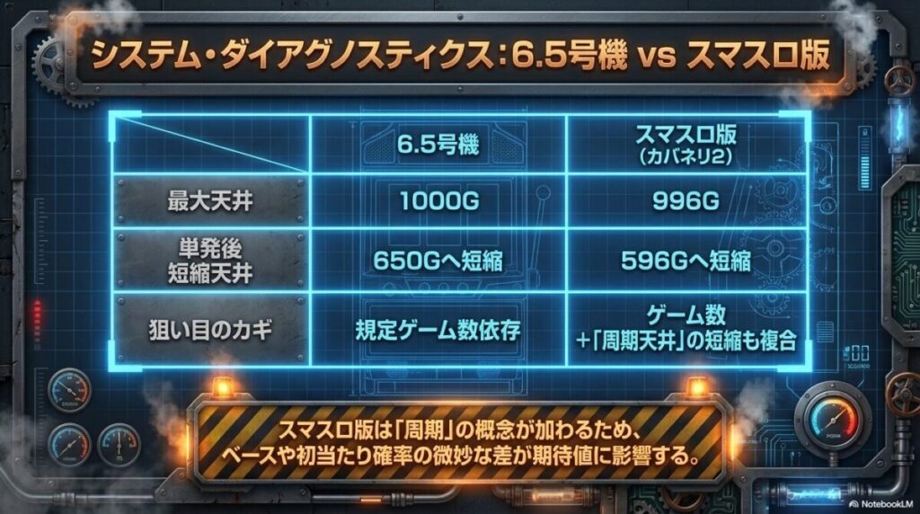6.5号機（天井650G短縮）とスマスロ版カバネリ2（天井596G短縮＋周期短縮）の天井条件を比較した診断テーブル。