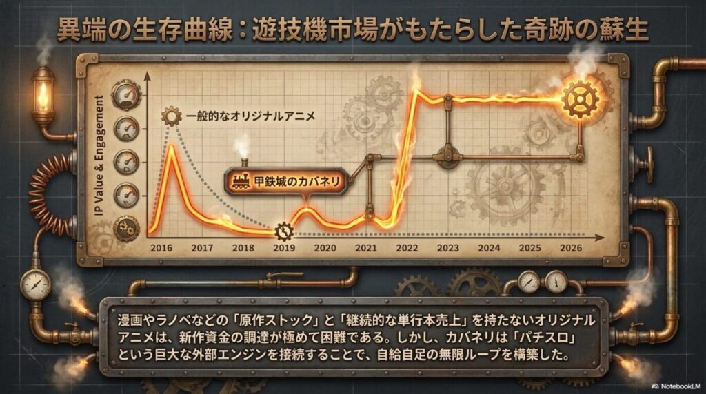 原作ストックのないオリジナルアニメが、パチスロという外部エンジンによって新作資金を調達する独自の経済モデルを構築したことを示すグラフ。 