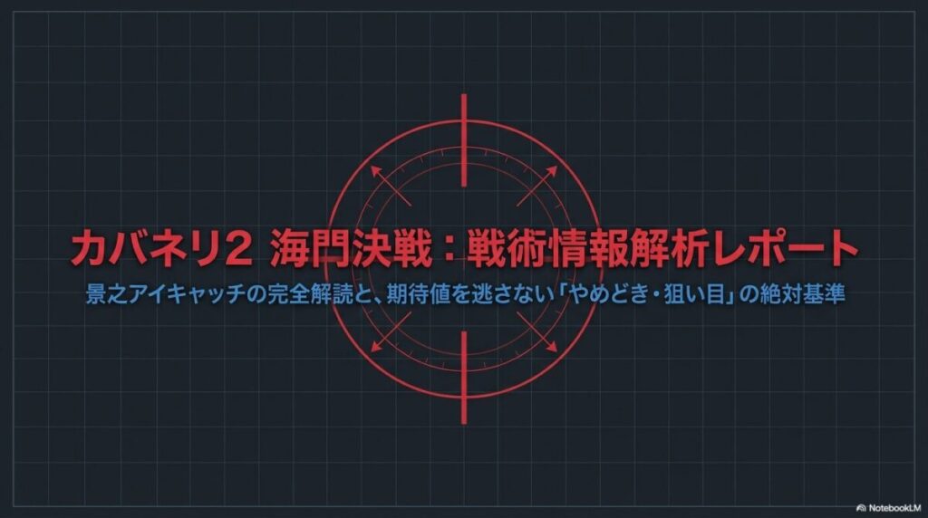 『スマスロ 甲鉄城のカバネリ 海門決戦』の戦術情報解析レポート表紙。景之アイキャッチの解読と、期待値を最大化するやめどき・狙い目の解説を象徴するメインビジュアル。