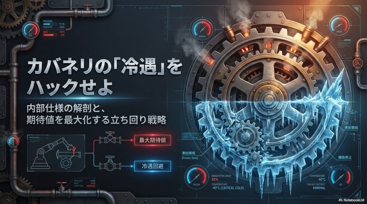 「カバネリの冷遇をハックせよ：内部仕様の解剖と期待値を最大化する戦略」というタイトルの表紙スライド。背景には凍りついた歯車のイラストが描かれている 。