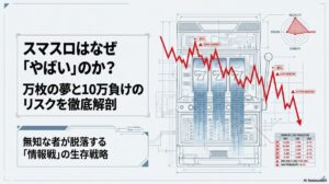スマスロの「万枚の夢」と「10万負けのリスク」を対比させたメインビジュアル。背景にはデジタル化されたパチスロ機の設計図と、急落するグラフが描かれ、「情報戦の生存戦略」という文字が強調されている 。