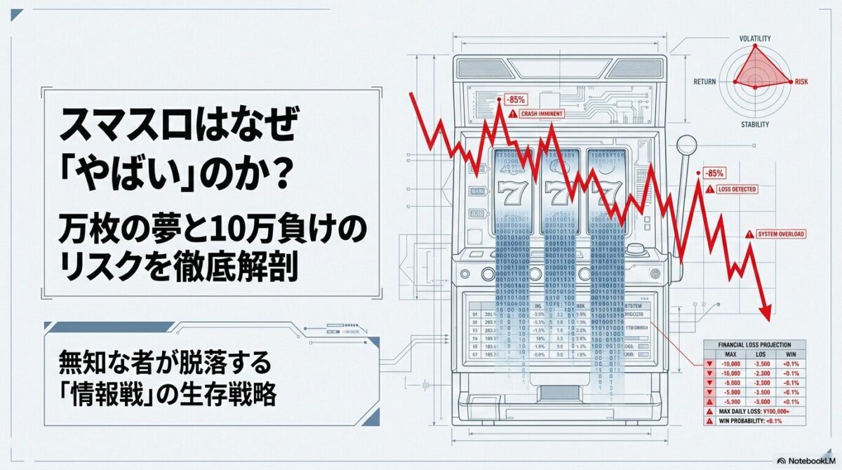 スマスロの「万枚の夢」と「10万負けのリスク」を対比させたメインビジュアル。背景にはデジタル化されたパチスロ機の設計図と、急落するグラフが描かれ、「情報戦の生存戦略」という文字が強調されている 。