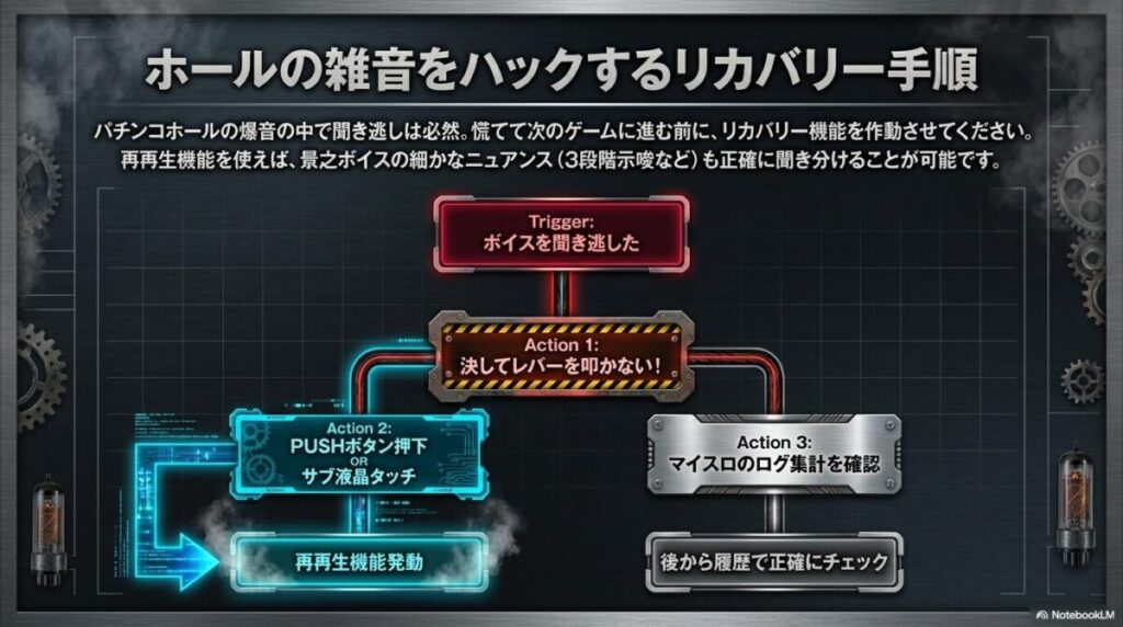 PUSHボタンによるボイス再再生機能と、ボイスと連動して点灯する上下LEDの発光パターンによる設定示唆の判別方法。