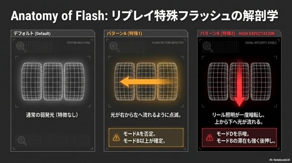 リプレイ特殊フラッシュのパターンAとBの挙動と示唆内容の比較