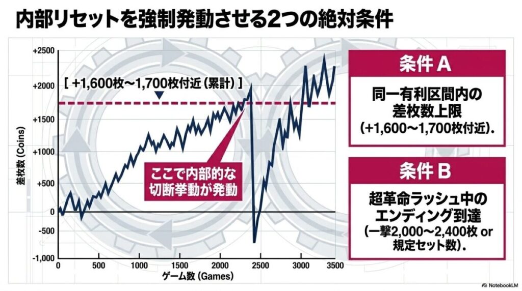 有利区間切断の2大条件である「同一有利区間内の差枚数上限（+1600枚〜1700枚付近）」と「エンディング到達」の目安を視覚的に解説するグラフ図解。