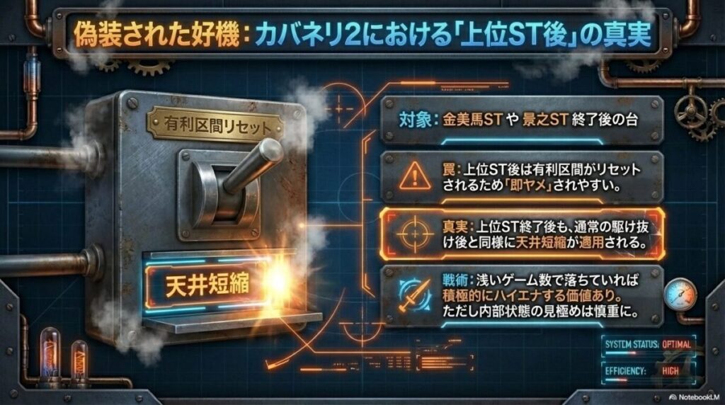 金美馬や景之ST終了後も天井短縮が適用されるため、浅いゲーム数でのハイエナが有効であることを示す戦略スライド。 