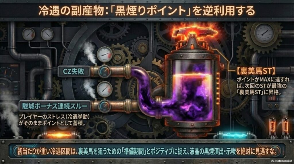 CZ失敗やスルーが「黒煙りポイント」として蓄積され、MAXに達すれば最強の「裏美馬ST」に昇格することを示す図。