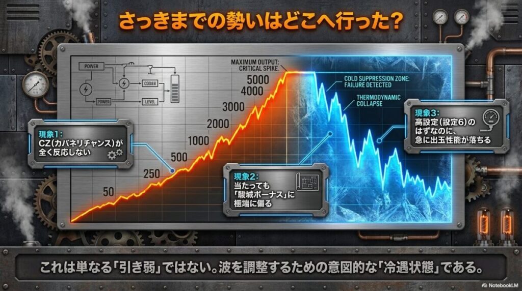 冷遇状態の具体的な現象として、1.CZが反応しない、2.駿城ボーナスへの偏り、3.高設定の出玉性能低下を説明する図解。