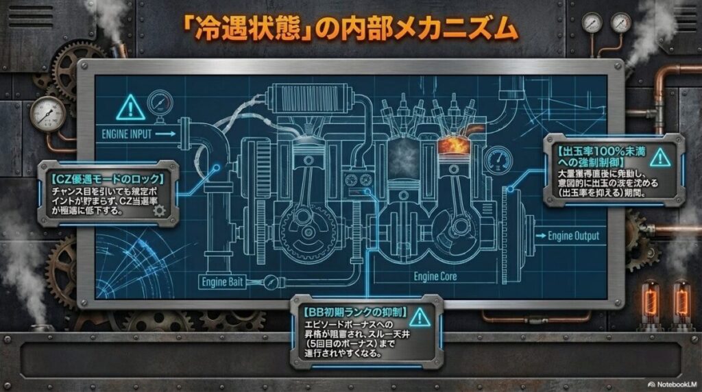 CZ優遇モードのロック、BB初期ランクの抑制、出玉率100%未満への強制制御の3点を解説するメカニカルな図解。