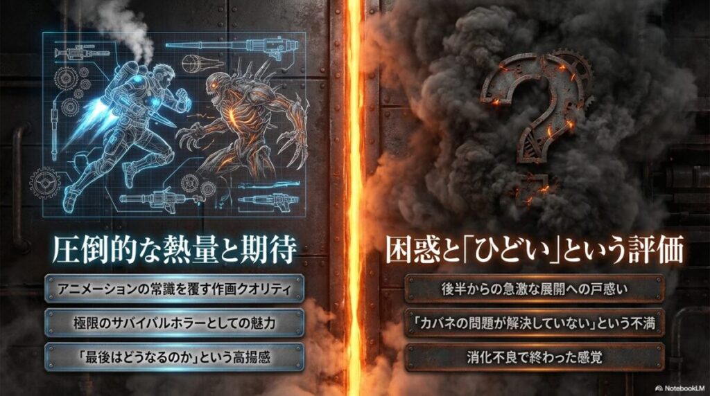 作画のクオリティへの高い期待と、後半の展開に対する視聴者の困惑や消化不良感を整理した図解 。