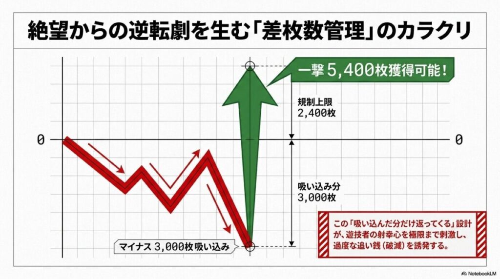マイナス3,000枚吸い込んだ状態から、吸い込み分をすべて取り戻した上でさらに2,400枚の上乗せが可能であることを示す図解。一撃5,400枚獲得の理論的なカラクリを解説している 。