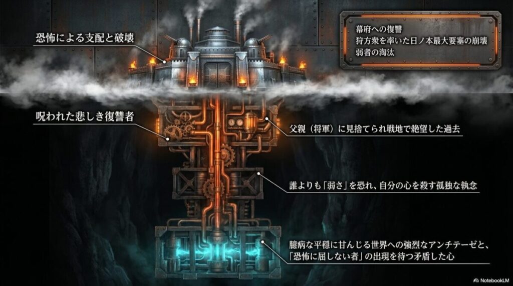 将軍である父に見捨てられた過去や、恐怖による支配と「恐怖に屈しない者」を待つ矛盾した心を説明するイラスト 。
