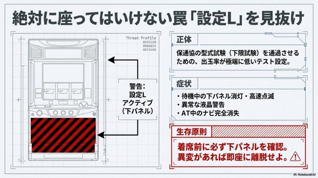 出玉率が極端に低い「設定L」の症状(下パネルの消灯や高速点滅、液晶警告など)をまとめたシート。「異変があれば即座に離脱せよ」という生存原則が記されている 。