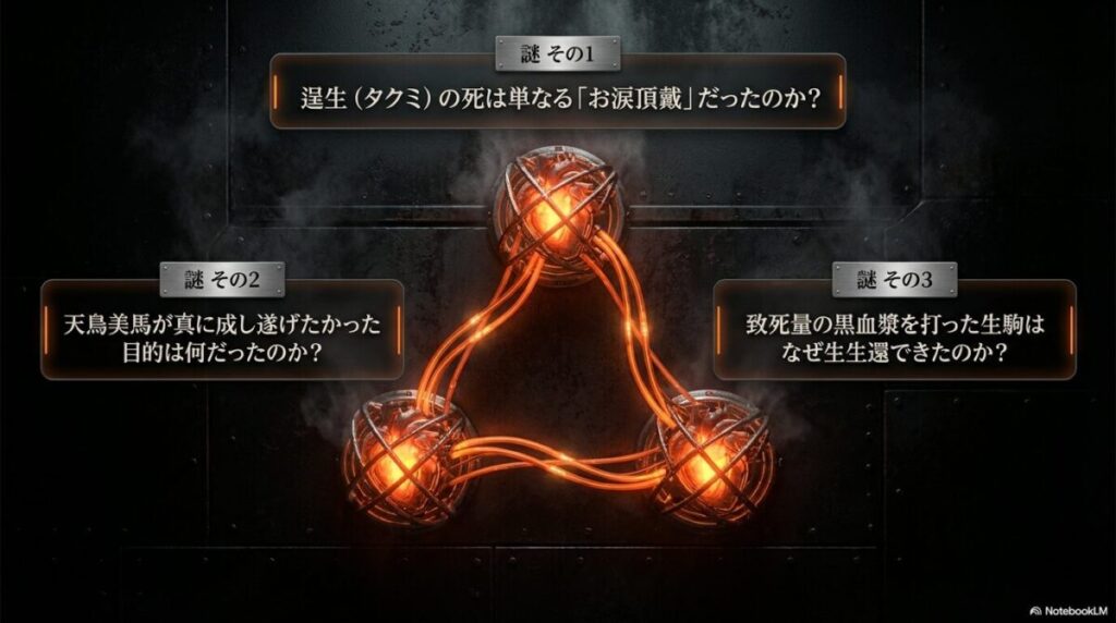 逞生の死の意味、美馬の真の目的、生駒の生還理由という、視聴者が疑問を抱きやすい3つのポイントのリスト 。