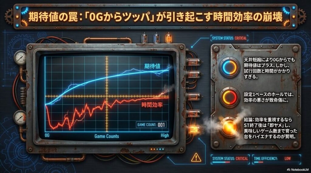 0Gからの打ち出しは期待値がプラスでも時間効率が悪く、低設定では致命傷になりかねないことを警告するステータス画面。