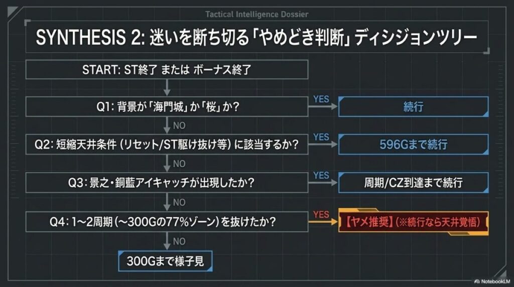 ST終了後やボーナス終了後に、液晶背景や短縮条件を確認して「続行」か「やめ」かを判断するための意思決定フローチャート。