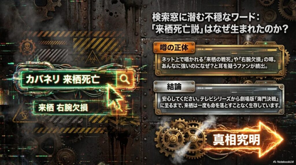 ネット上で囁かれる「戦死」や「右腕欠損」という噂を否定し、劇場版『海門決戦』まで来栖が確実に生存していることを断言するスライド。