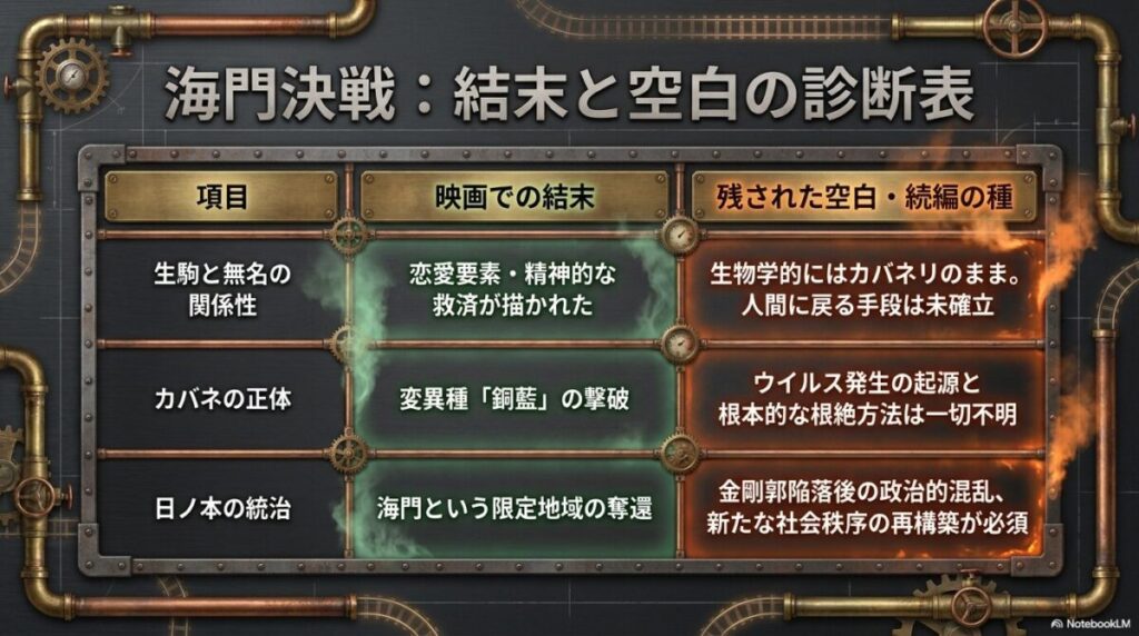 生駒と無名の身体、カバネの正体、日ノ本の統治といった項目について、映画での結末と、続編で描かれるべき未解決の課題を対比させた表。