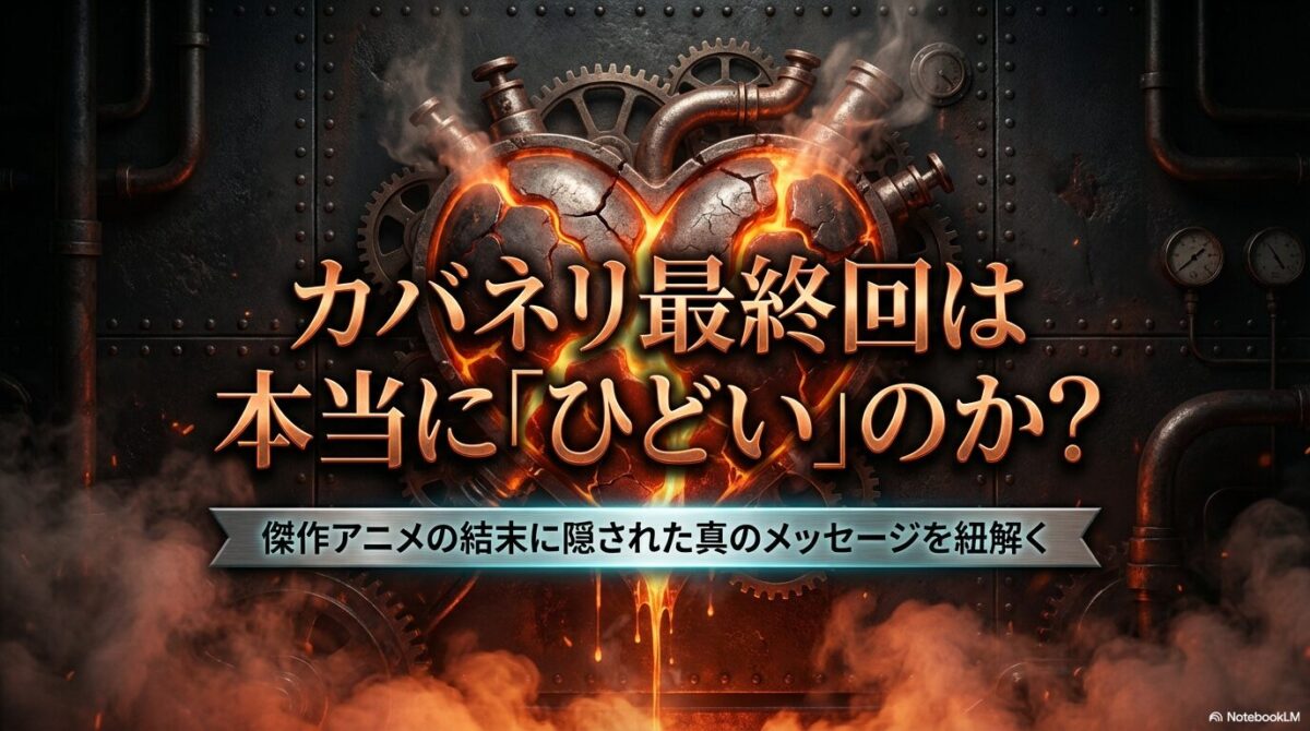 「カバネリ最終回は本当にひどいのか？」という問いかけと、傑作アニメの結末に隠されたメッセージを紐解くというタイトルのスライド。