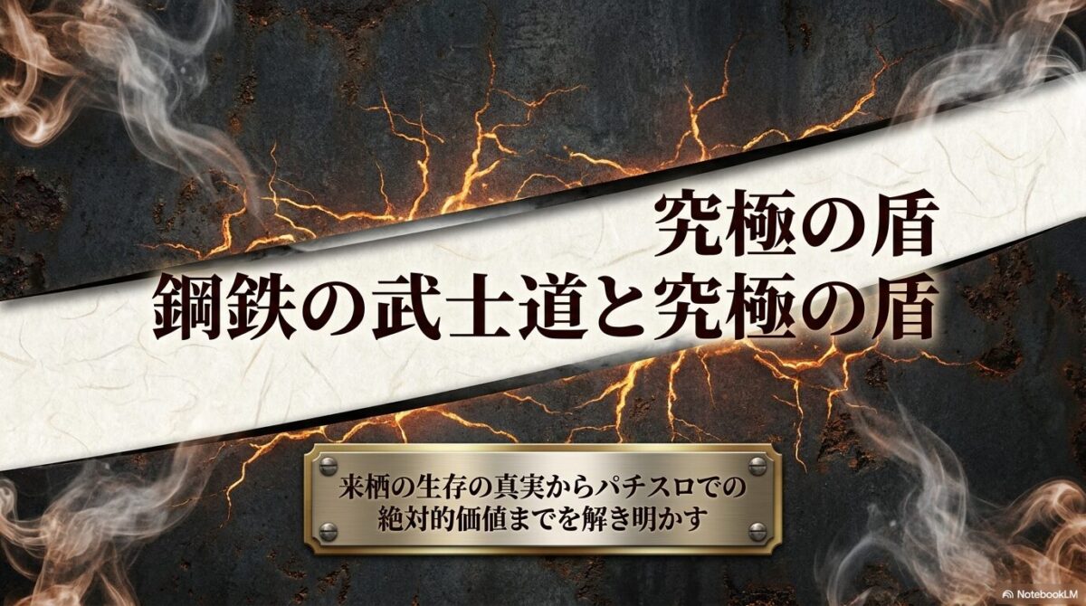 『甲鉄城のカバネリ』の来栖を象徴する「究極の盾」という文字と、彼の生き様やパチスロでの価値を解き明かす内容を予告する表紙スライド。