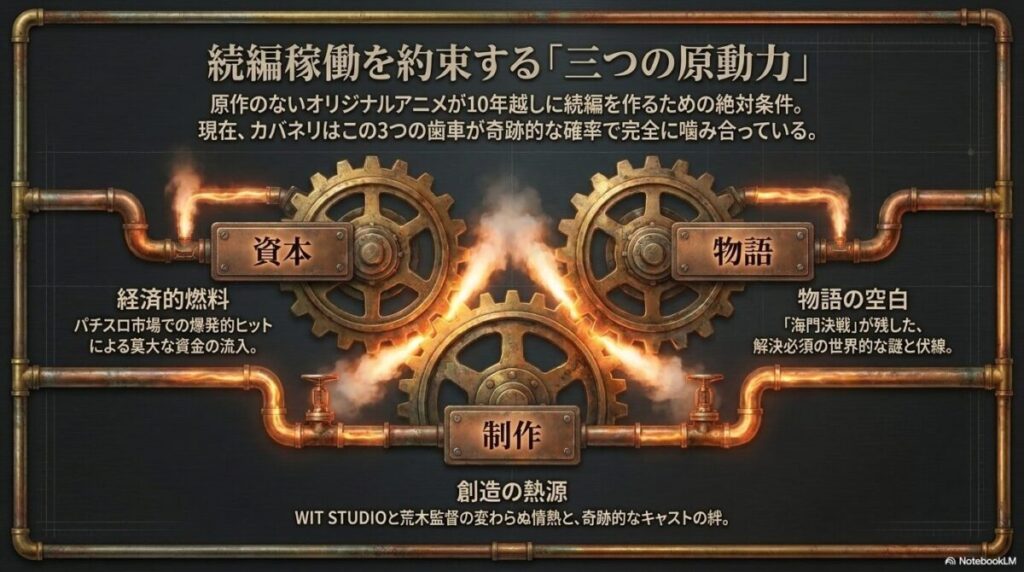 経済的燃料（パチスロの資本）、物語の空白（海門決戦後の伏線）、創造の熱源（制作陣の情熱）という、続編制作に必要な3つの歯車が噛み合っていることを示す図解。