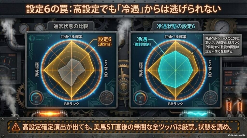 設定6の通常時と冷遇時の比較。共通ベル確率は高いままだが、獲得枚数やBBランク、CZ突入率が強制抑制されることを示すグラフ。