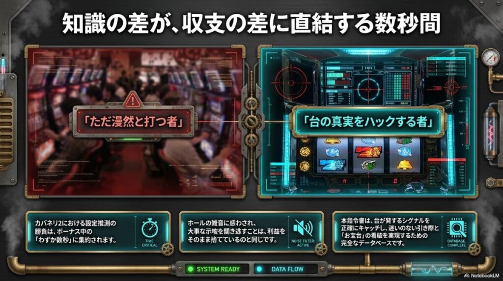 カバネリボーナス中の逆押しカットインから設定示唆ボイスが発生する流れを説明するイメージ画像。