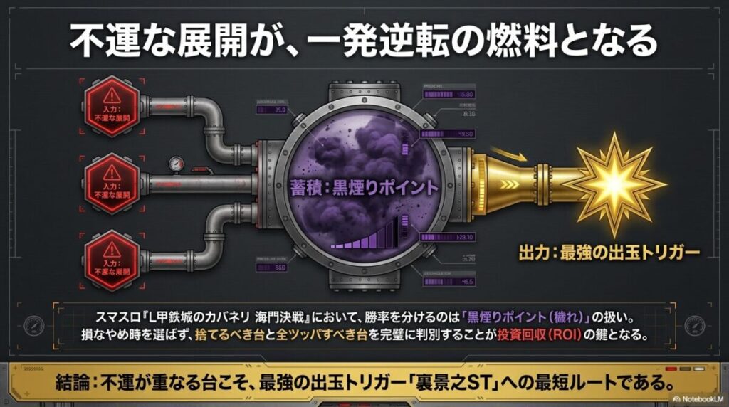 CZ失敗、駿城ボーナスでのST非当選、天井到達、そして最重要トリガーである「ST駆け抜け」など、ポイントが溜まる4つの主な要因をまとめた画像。